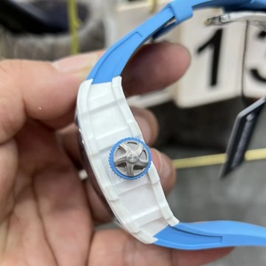Fully Skeletonized Tourbillon Tonneau-shaped Mechanical Watch, Blue and White Color-<b>blocked</b> X-shaped Frame Men's Wristwatch - Product Image 5