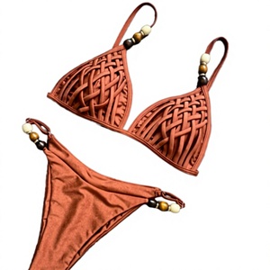 STOCK 10Colors Solid Shinny Triangle <b>Top</b> Double Lined Fabric Women's <b>Beaded</b> Brazilian Bikini Swimsuit Waist Logo 2-Piece Set - Product Image 2