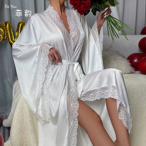 Kimono in <span class=keywords><strong>Raso</strong></span> con Bordo in Pizzo, <span class=keywords><strong>Vestaglia</strong></span> Lunga Avvolgente, Lussuoso Abbigliamento da Notte per Donne - Product Image 4