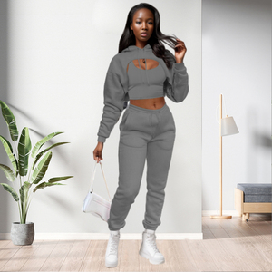 Solid Color Pockets <b>Thin</b> <b>Hoodie</b> Sport Joggers Two Piece Pants Set Women Fashion - Product Image 3