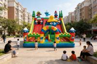 Structure gonflable à thème avec double toboggan, aire de jeux d'aventure pour enfants, village bleu, château gonflable multicolore pour fêtes et usage commercial