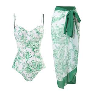 <b>Sexy</b> Backless One-piece Female Swimwear with Print <b>Tight</b> Thin Chiffon Long Skirt and Steel Bracket - Product Image 2