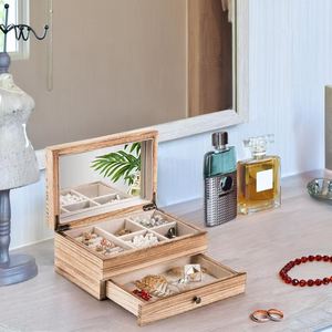 Wood Jewelry <b>Box</b> Double Layer Storage With <b>Mirror</b> And Drawer For Rings Earrings Necklaces Rectangle Lightly Calcined Wood - Product Image 2
