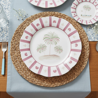 Assiettes en céramique élégantes à rayures roses et palmiers - Vaisselle à bord festonné pour mariage, banquet, douche nuptiale, décoration de table d'événement