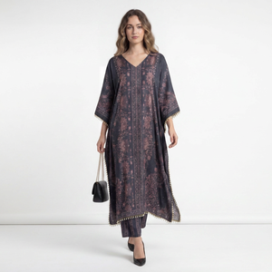 Robe longue kaftan pour femme en soie polyéthylène à plumes, coupe ample, élégante et fluide, pour toutes les saisons, tenue décontractée - Product Image 1