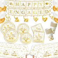 Kit de Décoration Jetable pour Fête de Fiançailles Doré : Vaisselle, Bannière, Assiettes en Carton, Gobelets, Serviettes, Nappe