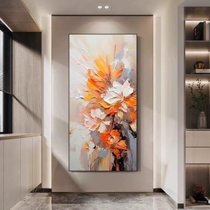 Modern Abstract Oil Painting Orange <b>Flowers</b> Metal Frame Entryway Decor Artwork Hand Painted <b>Wall</b> Hanging For Living Room - Product Image 1
