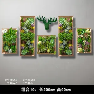 Marco de madera verde artificial para colgar en la pared de plantas, decoración de cabeza de ciervo, luz, Grupo colgante dorado