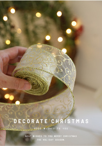 Factory Christmas Custom <b>Silver</b> Gold Hot Stamping Christmas <b>Wire</b> Edged Ribbon Sheer Organza Printed Ribbon for Gift Package - Product Image 6