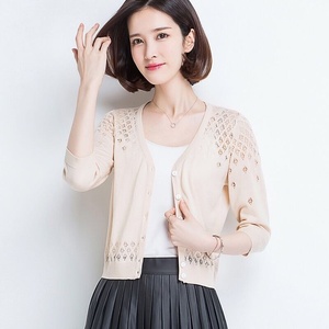 Women Openwork Knit <strong>Cardigan</strong> Korean Style Lightweight Button Front V Neck <strong>Cropped</strong> Summer Sweater for Boutique Fashion - Product Image 2