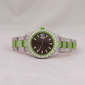 Montre de luxe en diamant, boîtier rond en acier inoxydable 36 mm, cadran vert analogique à quartz, fermoir déployant, unisexe - Product Image 1