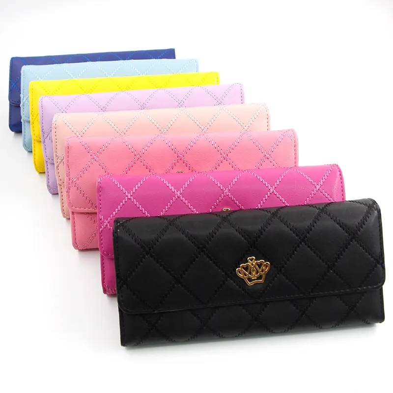 GLW022 Latest Stylish Candy Colored Crown Long Female Pu Leather Card Holder Clutch Wallets For Women