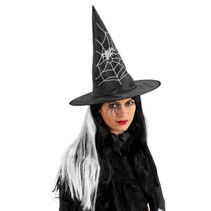 Sombrero de Bruja Negro con Decoraciones Blancas + Peluca de 35 cm de Alto - Product Image 1