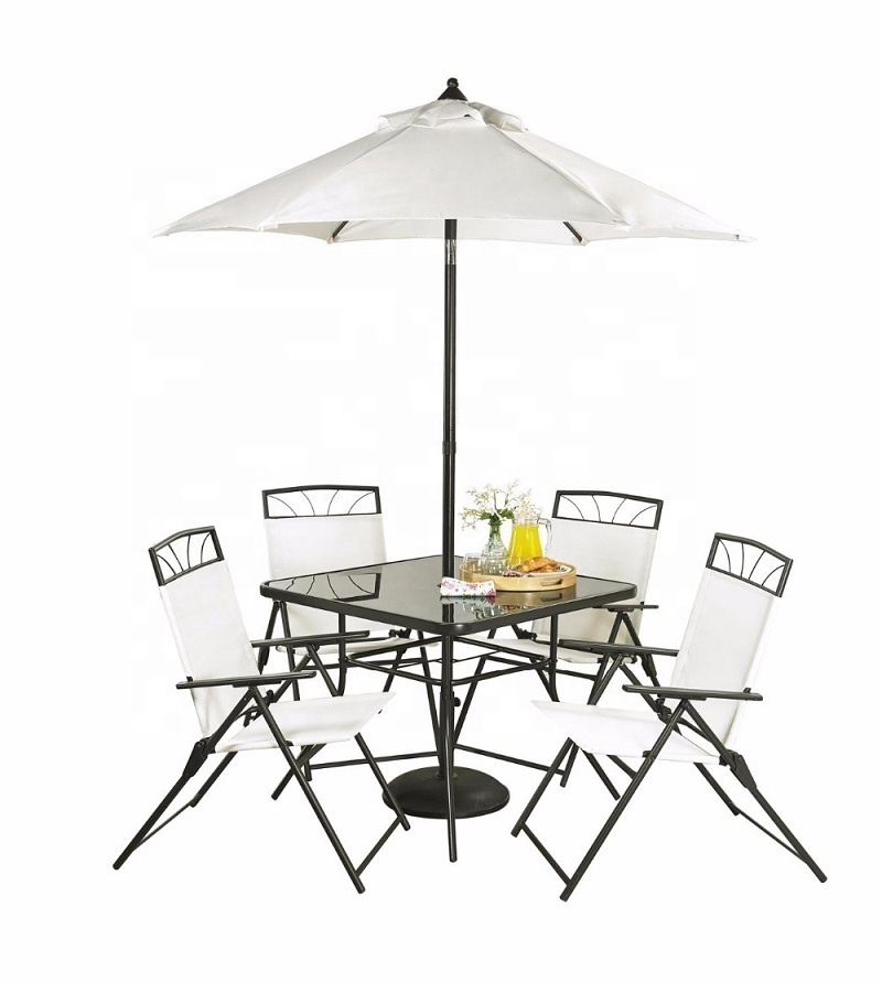 Muebles de Jardín Blanco incluye Metal mesa de Patio con paraguas agujero y 4pcs plegable sillas de jardín blanco