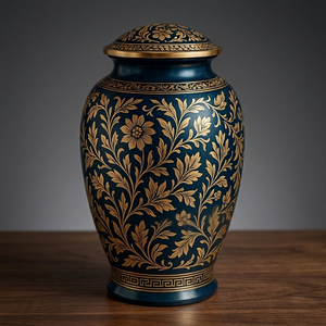 Urne décorative en métal bleu avec couvercle, motif floral gravé doré, pot de rangement ornemental, vase pour la décoration de la maison, du bureau, de l'hôtel, de la table - Product Image 6