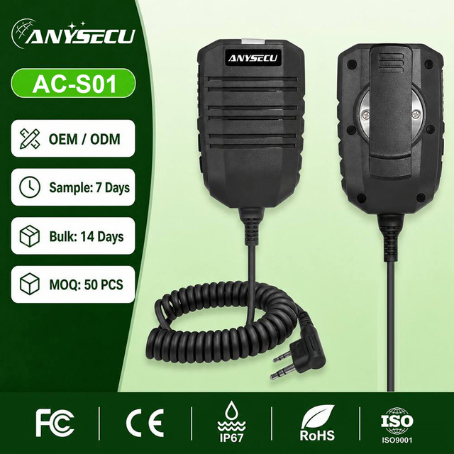 Anysecu AC-S01 IP67 Waterproof Handheld Speaker Microphone 2-Pin K-Plug PTT Shoulder Mic for Two Way Radio Walkie Talkie