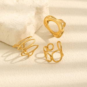 Ensemble de bagues ovales ajourées en acier inoxydable plaqué or 18 carats PVD, design à ligne ouverte, pour femme, unique, tendance, élégant, chic, pour le quotidien - Product Image 4