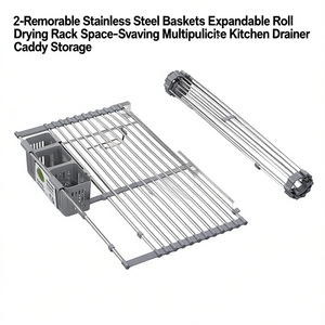 Escurridor de Platos Extensible con 2 Cestas Extraíbles, Ahorra Espacio, Organizador de Cocina, Color Gris - Product Image 1