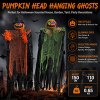 Decoraciones de Halloween: Fantasmas Animados con Cabeza de Calabaza, Esqueletos Colgantes de 1.5m con Ojos Brillantes, Decoraciones Espeluznantes para Casa Embrujada