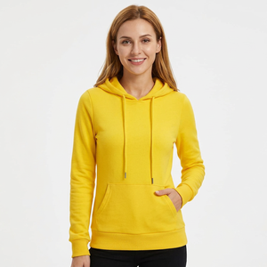 Sudadera con capucha para mujer, jersey de algodón tejido de manga larga amarillo, estilo otoñal, color sólido, transpirable, con bolsillos - Product Image 1