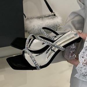 Sandales d'été tendance pour femme XSD, à talon haut argenté, bout ouvert, talon carré, pantoufles en cristal respirantes - Product Image 2