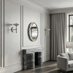 Résidence française minimaliste gris neutre avec roseau de plafond en plâtre sur mesure, cheminée en marbre, et aménagement LDK ouvert avec grandes fenêtres - Product Image 5
