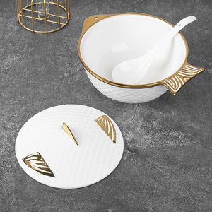 Unique <strong>Fish</strong> Shaped Design Gold-plated Luxury Ceramic Soup <strong>Pot</strong> with Lid and Embossed Decoration Stockpot - Product Image 1