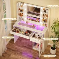 Coiffeuse blanche avec miroir éclairé et multiprise, 2 tiroirs, pour chambre à coucher