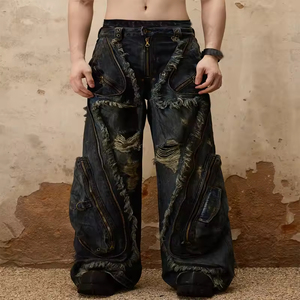 Custom Distressed Stonewashed Knitted Zipper Vintage Straight Leg Button Denim Pant Baggy Winter Print Jean <strong>Trouser</strong> <strong>Men</strong> - Product Image 3