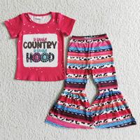 Neues Baby Mädchen Kleidung Land Shirt Top mit Kuh druck Streifen Glocke unten Hosen Western Design Großhandel Kleidung für Kinder