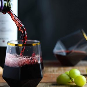 Verres à vin sans pied en forme de diamant BST, 12 oz, bordure dorée, transparents, écologiques, jetables, lot en vrac - Product Image 4