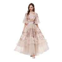 Robe longue élégante pour femme en tulle brodé floral, coupe trapèze, manches mi-longues, à volants superposés, tenue décontractée de soirée
