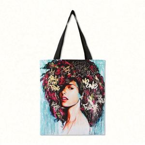 Bolsa de Compras de Lona con Estampado de Sublimación de Logotipo Personalizado, Diseño de Arte de Grafiti con Texto Africano para Mujeres, a Todo Color - Product Image 1
