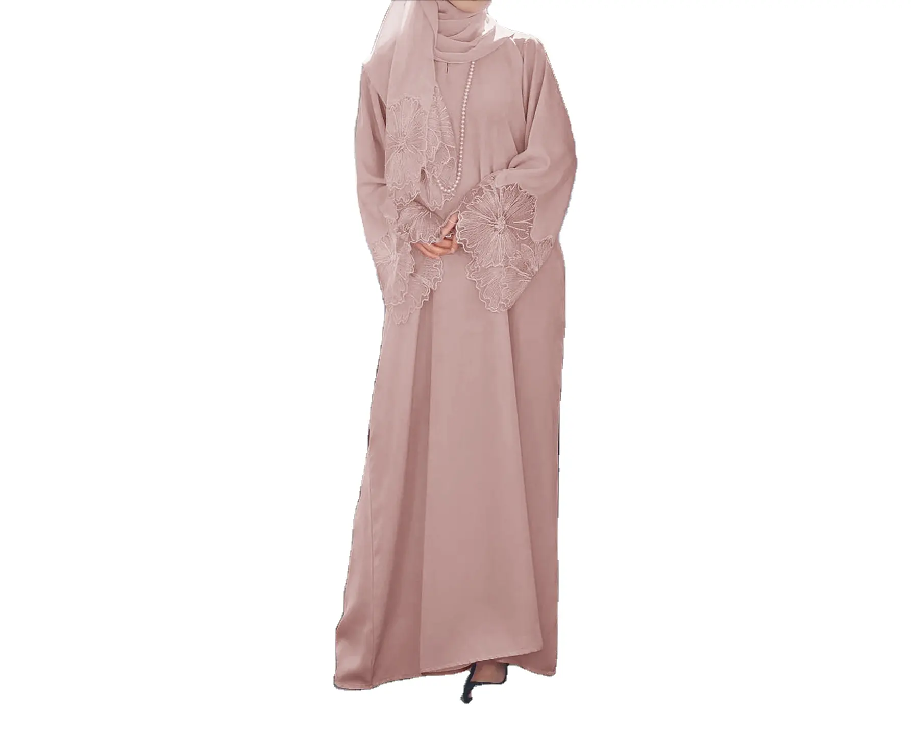 Vestido longo bordado de cor sólida com lenço Hijab para muçulmano, vestido de renda modesto da Malásia