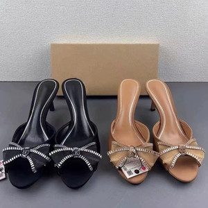 Nouvelles sandales sexy pour femmes, style satiné, avec nœud en strass, mules à bout ouvert, sandales à talons aiguilles pour femmes - Product Image 1