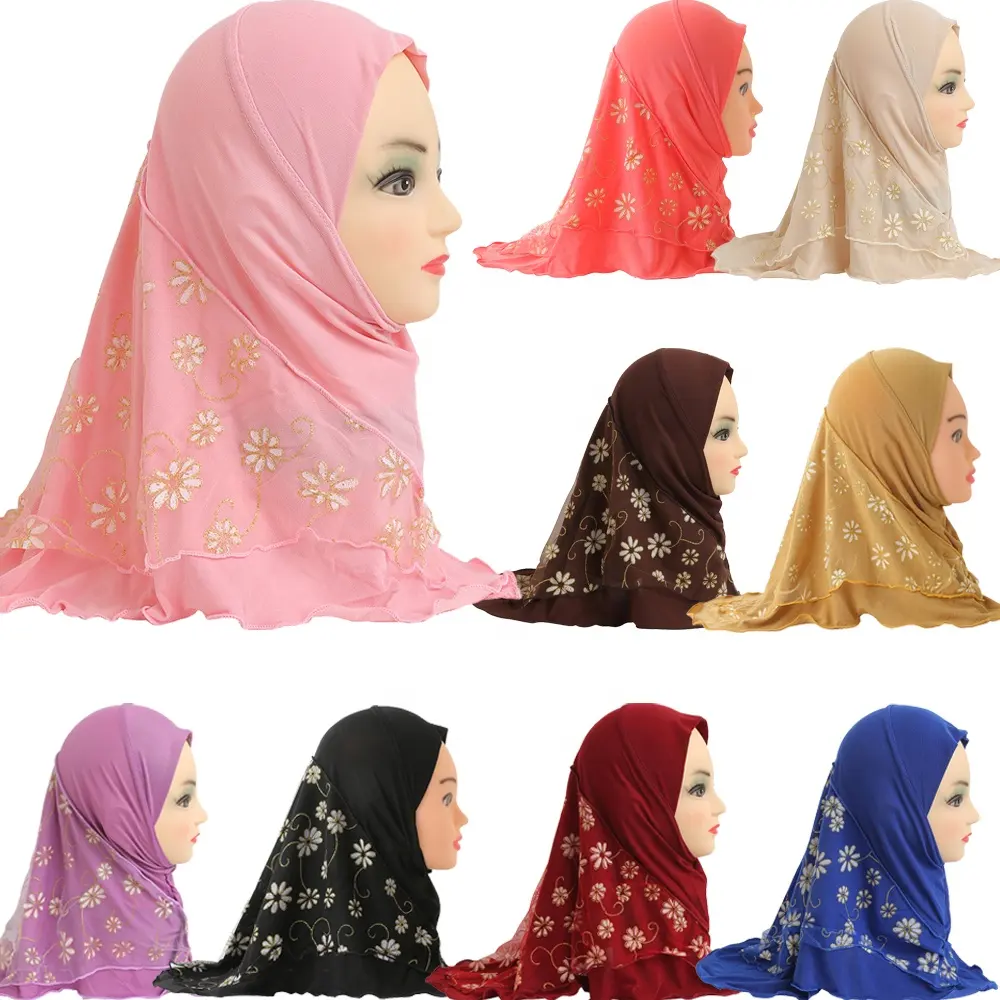 Новый мусульманский детский хиджаб для девочек с цветами цельная детская шапочка с полным покрытием головной платок Исламская шаль головная повязка Арабская молитва хиджаб шляпа