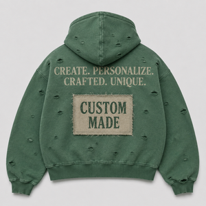 Green Vintage Wash <b>Zip</b> <b>Hoodie</b> Distressed Applique Patch Full <b>Zip</b> Cotton <b>Cropped</b> Fit Kangaroo Pocket Streetwear Custom Men <b>Hoodie</b> - Product Image 2