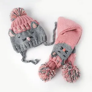 Детский Зимний вязаный комплект из шапки и шарфа, очень милая вязаная шапка и шарф с лицом животного