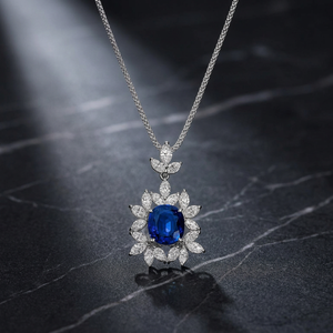Collar de Lujo para Mujer con Colgante de Zafiro Chapado en Oro Sólido de 18K y Rodio, Diseño de Flor con Diamantes de Corte Marquesa y Cadena de Serpiente - Product Image 2