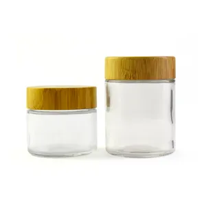 1oz 2oz 3oz 100ml Cosmetic Frosted Bamboo Glass Butter Jar Container With Bamboo Lids Child Resistant Logo Printing Custom Cap