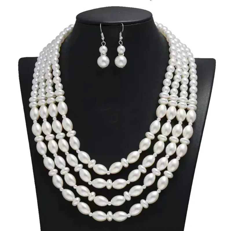 Großhandel mehrschichtige Schichten Perlen-Halsband Ohrring modisch Schmuck-Set für Damen Party übermäßige große Perlen-Ohrringe Schmuck-Set