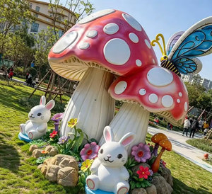 Sculpture de champignon, de lapin et de papillon en fibre de verre de grande taille pour l'aménagement paysager extérieur, couleur personnalisée, statue de conte de <span class=keywords><strong>fées</strong></span> de style dessin animé - Product Image 3