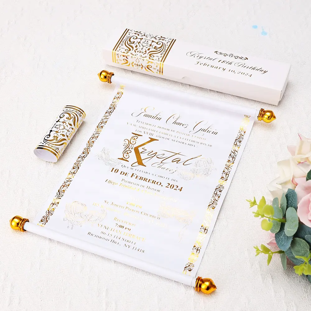 Inviti di nozze con rotolo di carta personalizzato di lusso con scatola e Scroll Gold sventa ventre fascia d'oro invito a nozze biglietti di compleanno