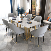Table à manger de luxe en marbre, ensemble de table à manger avec plateau en marbre, pieds dorés simples, ensemble de table à manger en marbre de café, 6 chaises