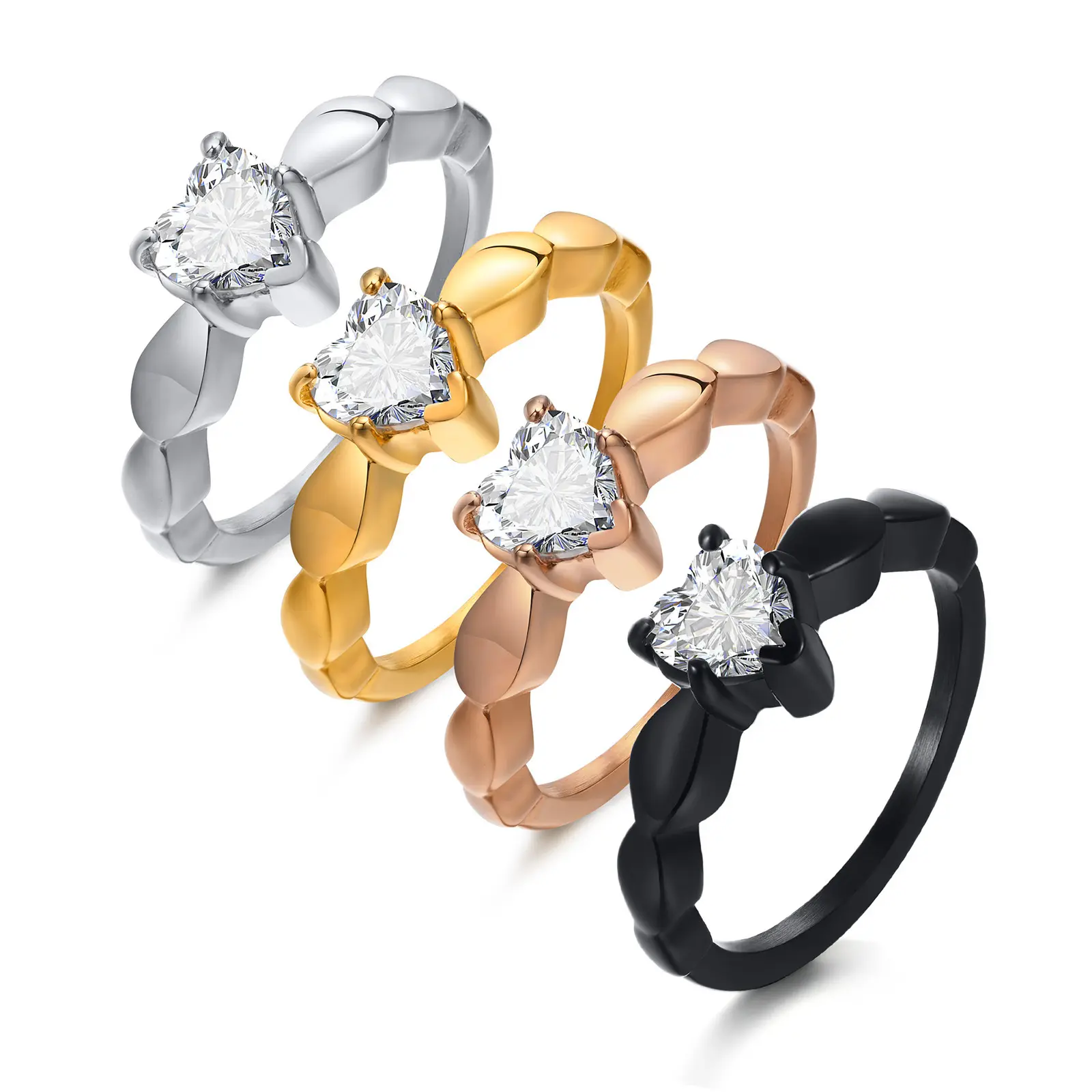 Waterproof Stainless Steel Bling Cubic Zirconia Women Promise Wedding Rings Multi Color Dainty Heart Shaped CZ Ring
