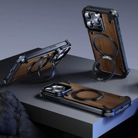 Étui de téléphone magnétique sans cadre en bois de noyer avec support rotatif à 360° en métal, coque de protection antichoc pour S24 S25 ultra