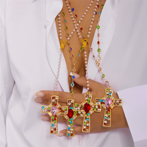 Kalung Liontin Salib Berhiaskan Zirkon Warna-warni Berlapis Emas Panjang Mewah Ringan Modis untuk Wanita, Hadiah Ulang Tahun - Product Image 1