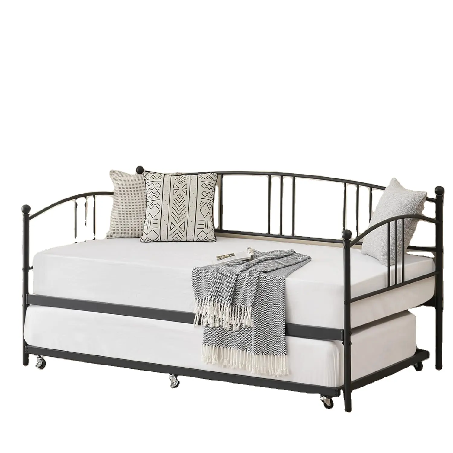 Cama de día de metal con cama nido, marco de cama de día con cabecero y 6 ruedas, base de colchón con soporte de listón de acero