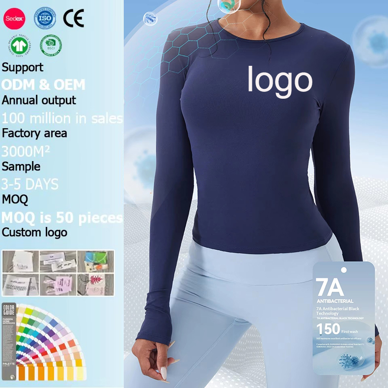 Custom Women Top Long Sleeve Round Neck Slim Fit Thumbhole 7A Antibacterial Active Wear Gym Clothes Fitness Sports Yoga Apparel