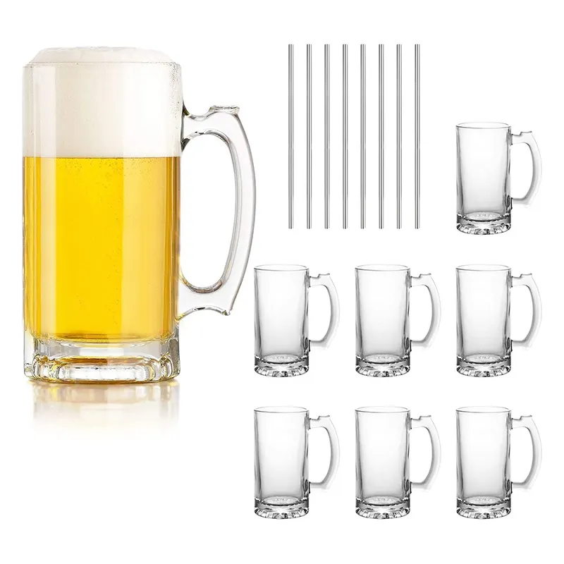 RTS Set di 6 bicchieri da birra in vetro, bicchieri da birra grandi da 18 once con cannuccia, bicchieri da birra in vetro trasparente solido per Fre